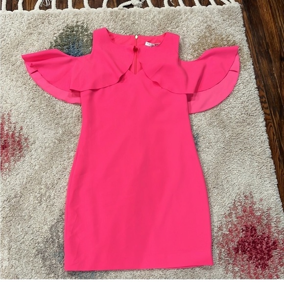 NWT hot / neon / bright pink dress with ruffle sleeve - Picture 3 of 7